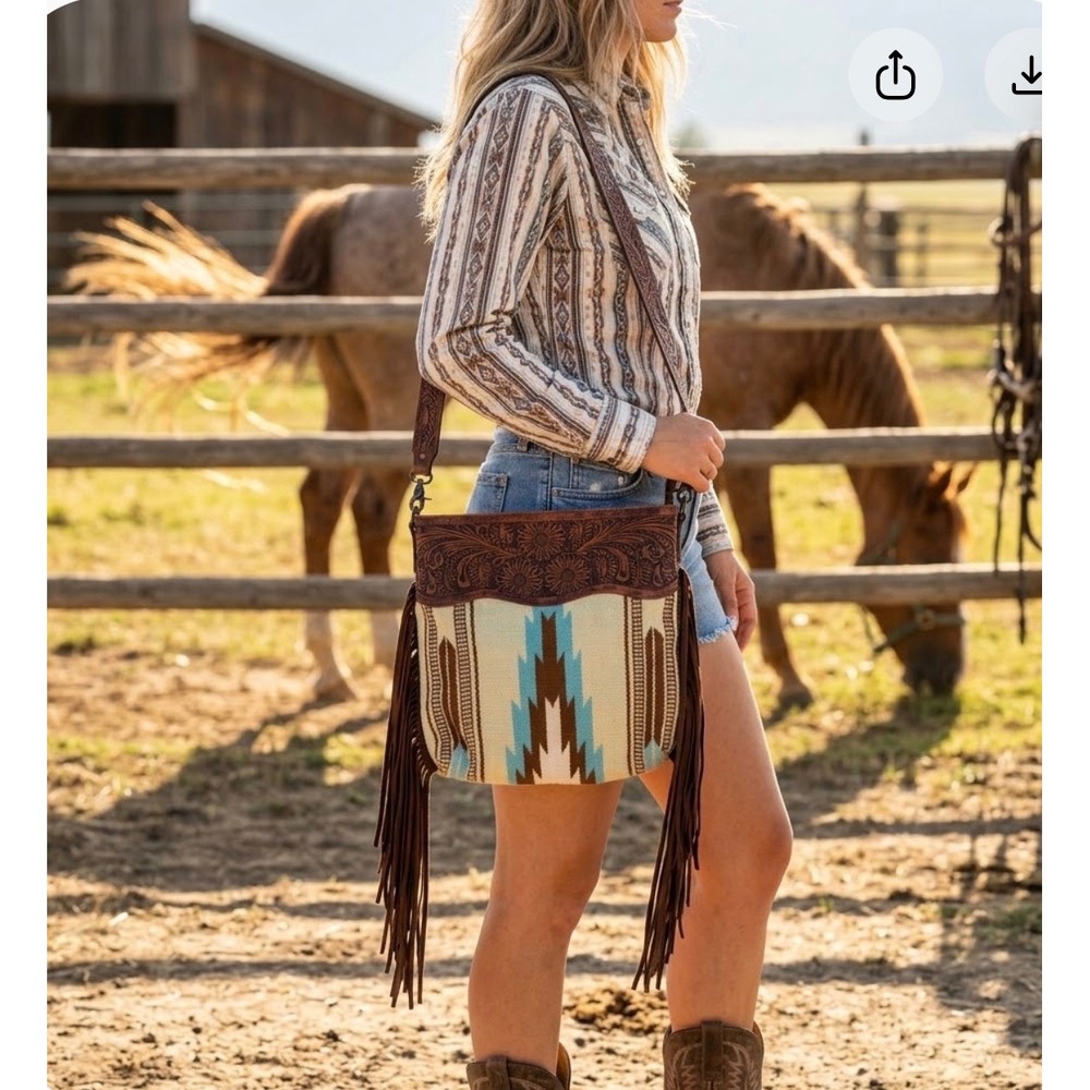 American Darling Concealed Carry Tooled Leather Fringe Saddle Bag Aztec Western